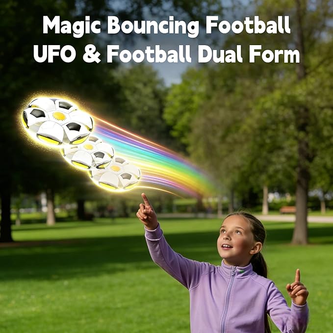 Magic Ball - 2-in-1 Shape-Shifting Magic Bouncing Ball with 6 LED Lights, Flying Saucer Disc, Impact-Activated Light Up Toys for Indoor & Outdoor Play, Frisbees for Kids (Soccer Pattern)