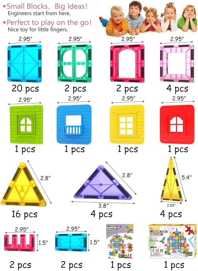 Jasonwell Magnetic Tiles Kids Magnetic Blocks 60PCS Building Sets 3D Magnet Toys Preschool Educational Construction STEM Toy Christmas Birthday Gifts for Toddlers Boys Girls 3 4 5 6 7 8 9 + Year Old