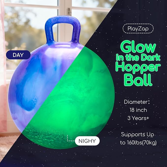 PlayZap Glow in The Dark Hopper Ball for Kids 3-8, Night Light Bouncy Ball with Handle, 18 Inch Inflatable Hippity Hop Jumping Hopping Toys Girls Boys Gifts for Indoor Outdoor