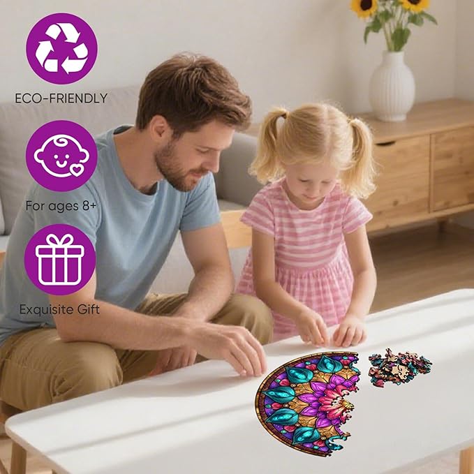 Mocfesk Mandala Wooden Puzzles, Colorful Mandala Jigsaw Puzzles for Adults and Kids, Geometric Wooden Puzzles 200 Pieces for Grandparents, Family Puzzle Holiday Decor 11.2'' x 11.2''