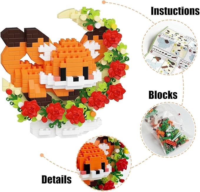 2 Packs Animals Micro Building Block - Fox & Pig, Cute Building Block Set Animals for Goodie Bags Stuffer, Fox & Pig & Rose on The Moon, Classroom Favor