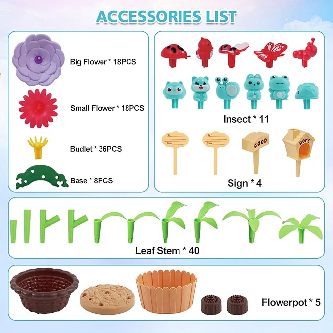 Flower Garden Building Toy for Toddler - Birthday Gifts for Preschool Kids Age 3-5 5-7 Years Old, Educational STEM Set with 140 Pieces, Girls Stacking Pretend Play Gardening Kit
