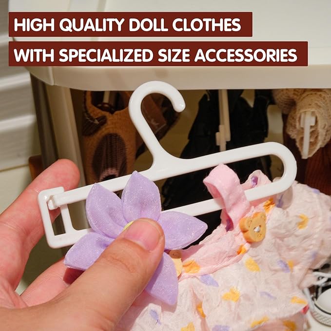 Foldable Doll Wardrobe Storage Box Compatible with Labubu Clothes with 10 Hangers & Rod - Stackable Organizer Cabinet for 15/17cm Doll Clothes with Dust-Resistant Cover and Display Shelf