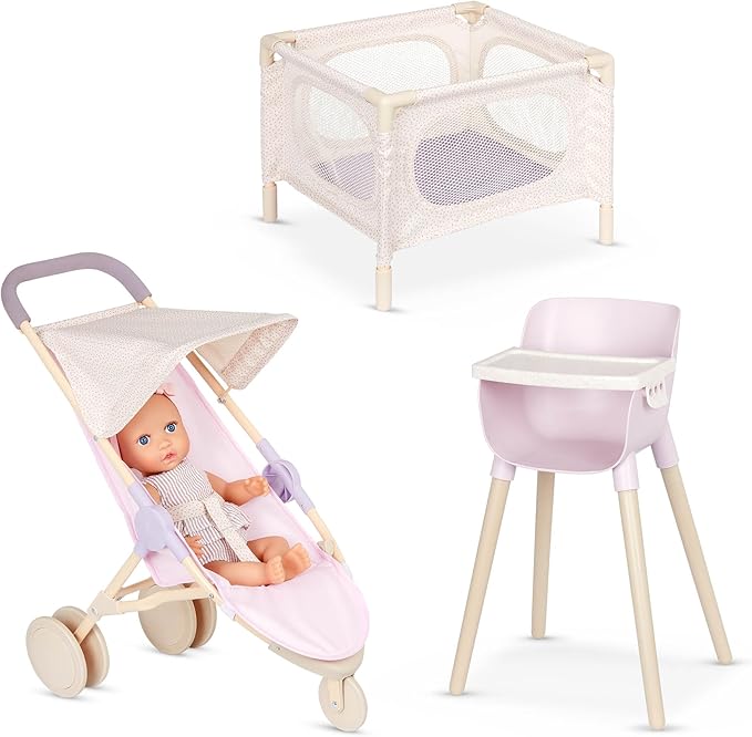 LullaBaby – 14-Inch Realistic Baby Doll & Accessory Bundle – Fair Skin Tone & Blue Eyes – Nursery Care Set – High Chair, Playpen & Jogger Stroller – Pretend Play Toys – Kids 2+ Years