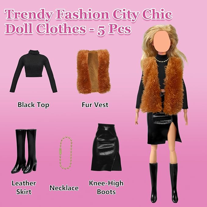 11.5 Inch Doll Clothes Set - Fashion Doll Clothing & Accessories, Casual Wear Dresses, Jeans, Tops, Skirts, Fur Coats, Bags, Hats, Boots for 11.5" Fashion Dolls, Gift for Girls (21)