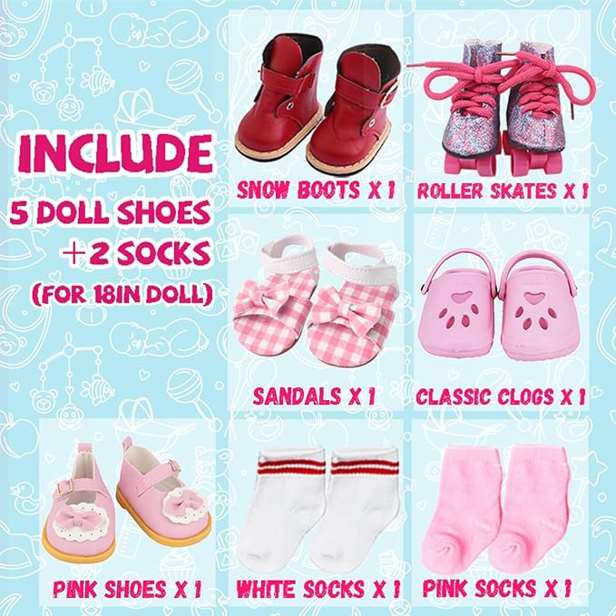 18 inch Doll Shoes - 5 Pairs of Different Types (Boots/Roller Skates/Sandals/Clogs) + 2 Pairs of Pink/White Socks 18 in Doll Accessories 18‘’Pink American Doll Accessories