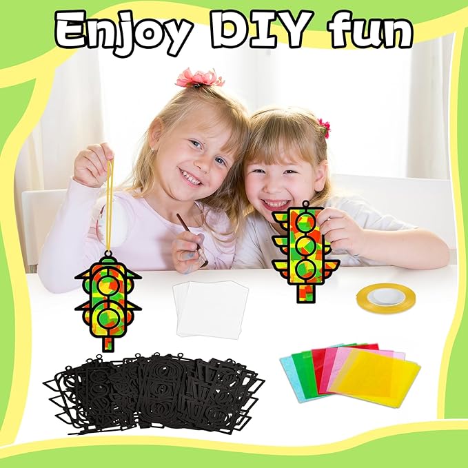 QOUBAI 32 Sets Traffic Light Suncatchers Craft Kit DIY Window Stained Glass Effect Traffic Lamp Paper Crafts Home School Classroom Decoration Kid Birthday Gift Creative Art Project Activity Game