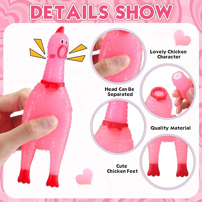 Honoson 50 Pcs Glow in The Dark Rubber Chicken 6.5 Inch Luminous Screaming Glowing Novelty Squeaky Chicken Prank Novelty Party for Adults, Family Games (Pink)
