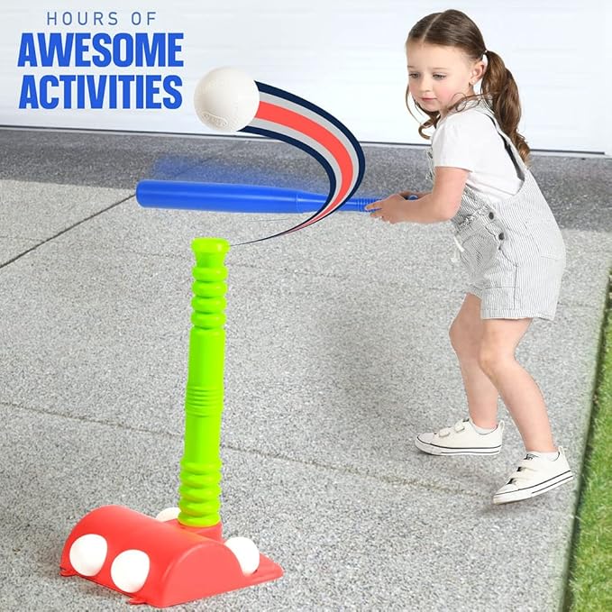 Play22 T Ball Set for Toddlers - Tball Set for Kids 3-5, 8 Large Balls, 23" Batting Tee - Kids Baseball Bat Tee - Wiffle Ball, Toddler Outdoor Toys Play Equipment, Gifts for 4 Year Old Boys and Girls