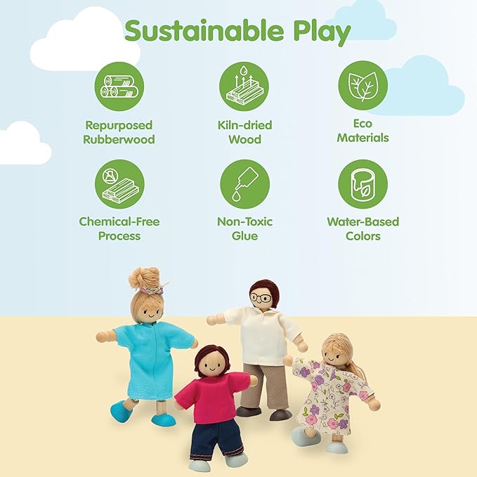 PlanToys® Family Wooden Dollhouse Figurine Set | 4 Poseable 1:12 Scale Mini Dolls (Parents & Kids) | Dollhouse Accessories for Pretend Play | Eco-Friendly Montessori Toy for Kids Ages 3+