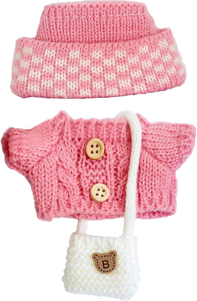17cm Doll Clothes Set for Lububu, Designer Hand-Crocheted Rose Pink Sweater Outfit with Hat & Crossbody Bag，Cute Ropa Clothing and Accessories for 15cm Have a Seat Series Dolls Girl Dress-Up