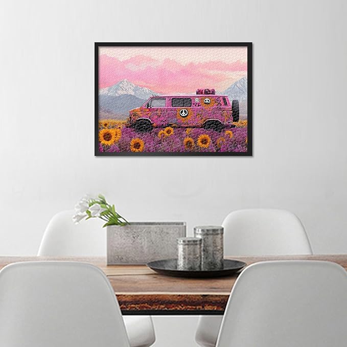 1000 Pieces Puzzles for Adults - Large Jigsaw Puzzle Pink Van, Field Mountain Sunset Travel Challenging Mind Game, for Puzzle Enthusiasts, Wall Decor, 19.5 x 27.5 Inch