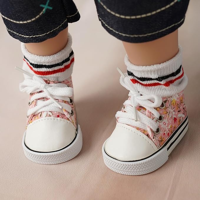 BABESIDE 18 Inch Baby Doll Shoes Sets with Socks for Dolls, 5 Pairs of Dolls Canvas Shoes with 3 Pair of Socks for 18 Inch Baby Doll Accessories, Floral Patterns