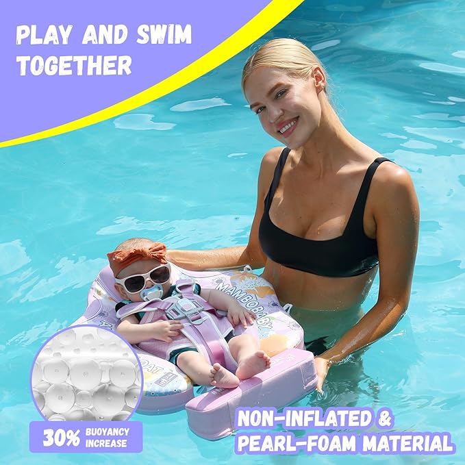 Mambobaby Baby Swim Float with Canopy Non-Inflatable Infant Pool Float with Tail 3-24 Months Avoid Flip Solid Skin-Friendly Material for Toddler Boys Girls