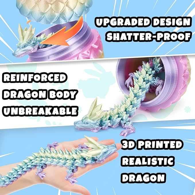 12" 3D Printed Dragon, Upgraded Fall Protection Dragon Egg & Reinforced 3D Dragons Joints, Safe Eco-Friendly Fidget Toy, Ideal for Easter Basket Stuffers, Easter Eggs (Rainbow Color)