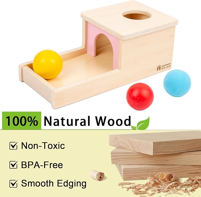 Adena Montessori Object Permanence Box with Tray Three Balls Montessori Toys for 6-12 Months Baby 1 Year Old Infant Toddler Wooden Pink Door for Girl