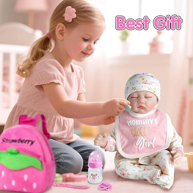 Reborn Baby Dolls Clothes Outfit Accessories Pink Floral Prints 13 Pcs Set for 17-22 Inch Reborn Dolls Newborn Girl with Pink Strawberry Backpack Diaper