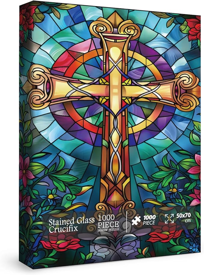 Stained Glass Cross Puzzles for Adults 1000 Pieces, Mosaic Christian Religious Jigsaw Puzzles, Flower Jesus Crucifixion Puzzles