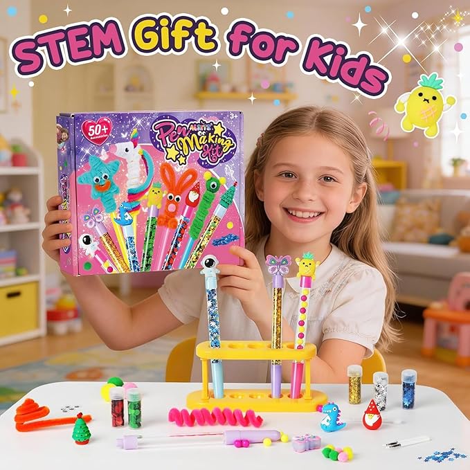 Alritz DIY Pen Making Kit for Kids, Floating Glitter & Pipe Cleaner Craft Kit, Educational Art Toy, Safe All-in-One Supplies, Easter Birthday Party Back to School Gift for Girls and Boys Ages 8-12
