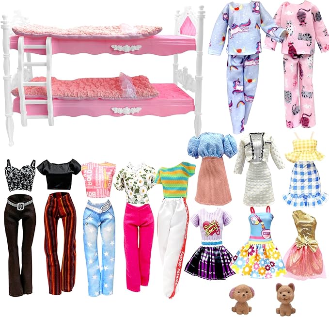 Dolls Clothes and Accessories, Bunk Bed Playset, 2 Pajamas, 2 Fashion Dresses, 2 Clothing Outfits, Bedroome Set for 11.5 inch Dolls, with 2 Blankets