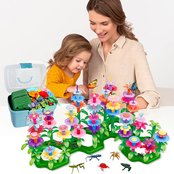 Birthday Toys Gifts for 2 3 4 5 6 Years Old Toddler Girls Boys, 156 PCS Insect Flower Garden Building Educational STEM Pretend Play Gardening Set,Easter Basket Stuffers Gifts for Preschool Kids Age 2+