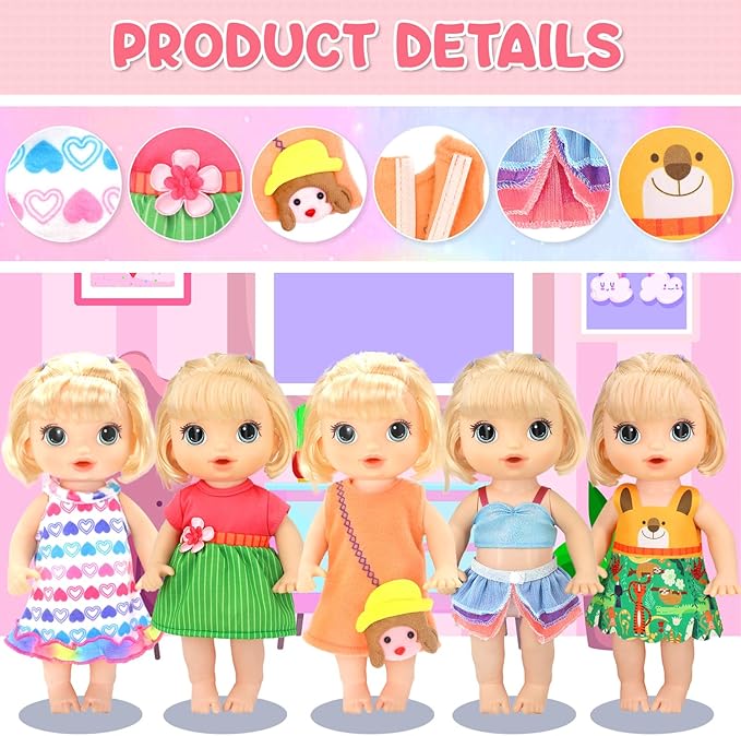 9 Pcs Alive Baby Girl Doll Clothes for 10-12 Inch Girl Dolls，12 Inch Alive Baby Doll Clothes Accessories Dress Outfits，Best Gift for Kids（No Dolls）
