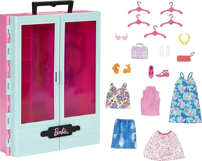 Barbie Closet Playset with 3 Outfits, 3 Pairs of Shoes, 2 Purses, Necklace and Sunglasses Accessories, 5 Hangars, Gift for 3 to 8 Years Old