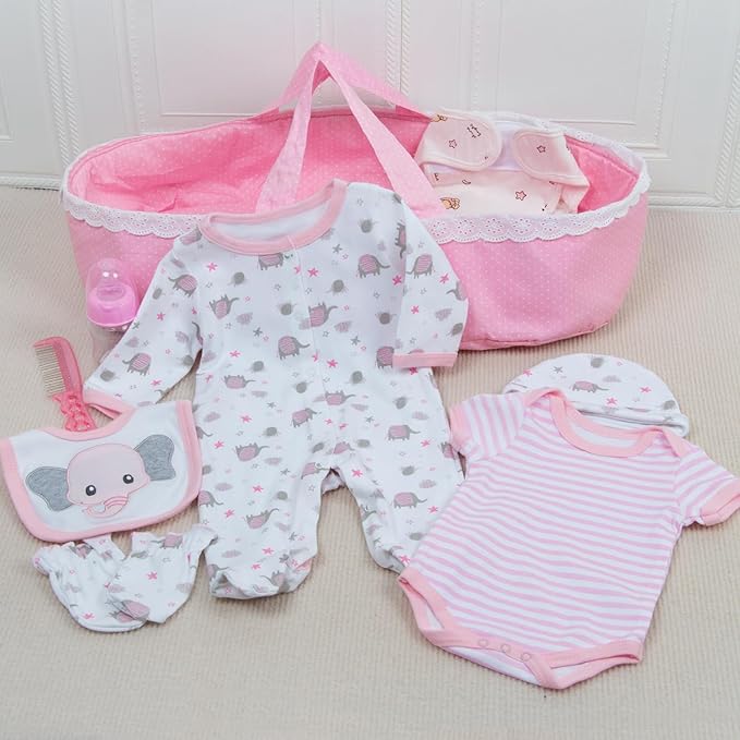 Reborn Baby Doll Clothes with Bassinet and Reusable Diaper Accessories 10-Piece Set fit 17-22 Inch Baby Dolls Girl, Pink Newborn Dolls Girl Outfits Cute Elephant Patterns Design