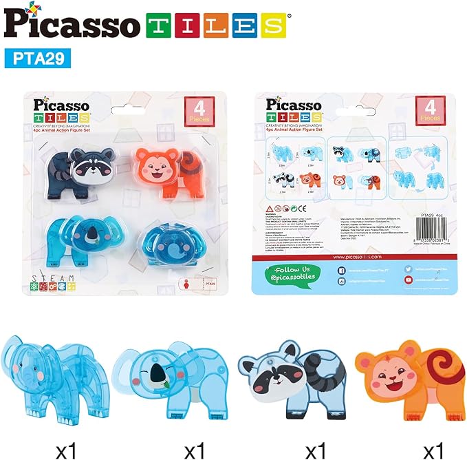 PicassoTiles Magnet Tile Animal Friends Action Figure Playset Mix or Match Figurine Wildlife Character Toy STEM Learning Construction Building Magnetic Tiles Educational Pretend Play Kit Ages 3+ PTA29