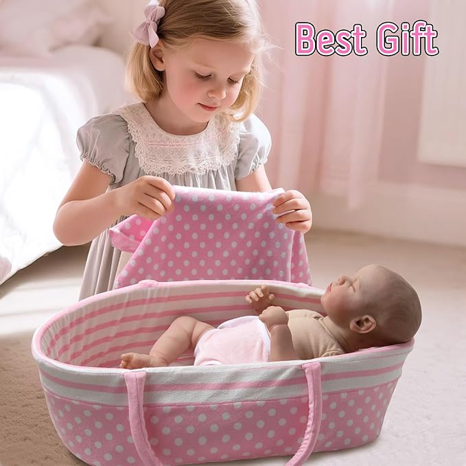 3 Pcs Reborn Baby Doll Accessories Set Bassinet + Blanket + Diaper, Thick Foldable Baby Doll Cradle Beds for 16-18 Inch Newborn Dolls Girl, Soft Sleep Babydoll Carrier Reborn Doll Accessories Pink