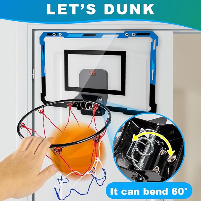 Basketball Hoop Indoor for Kids Adults with Scorer with 2 Scoring Methods, Door Room Basketball Mini Hoop with 3 Batteries and Balls, Basketball Accessories for Teen Boy Gifts, Blue