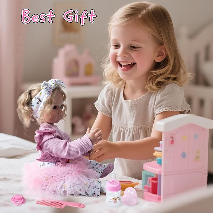 12 Pieces Reborn Baby Doll Clothes with Heart Bassinet & Diapers Accessories Set fit 17-24 Inch Girl Dolls Outdoor Dressing Outfit