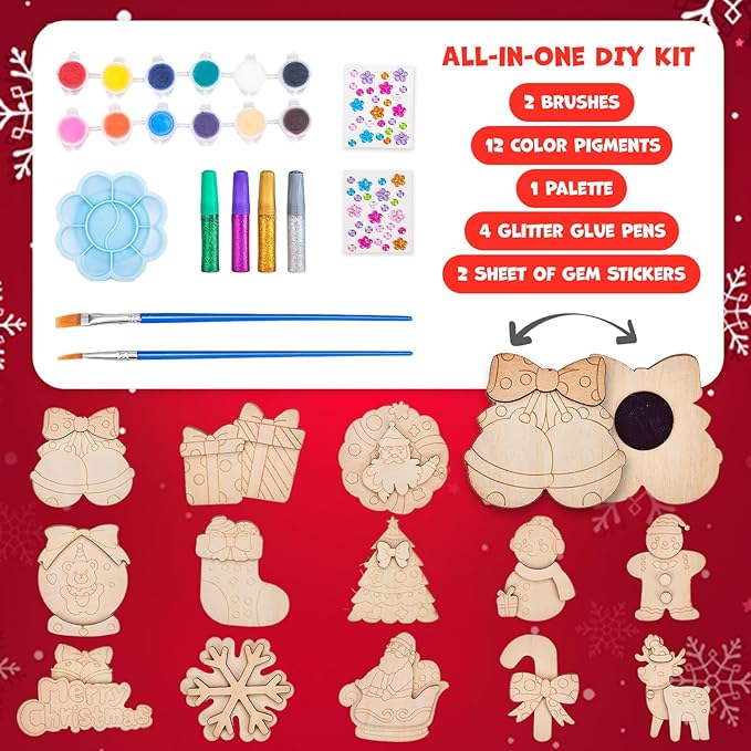 JoyCat DIY Wooden Magnets Kit, 13 Pcs Christmas Art Supplies, Painting Kit, Arts and Crafts for Kids Ages 4-8 8-12, Party Favors, Christmas Crafts, Birthday Gifts, Toys for Boys Girls