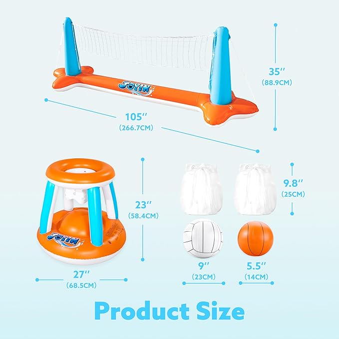 JOYIN Inflatable Pool Float Set Volleyball Net & Basketball Hoops, Floating Swimming Game Toy for Kids and Adults, Summer Floaties, Volleyball Court (105”x28”x38”)|Basketball (27.6”x23”),L-Orange