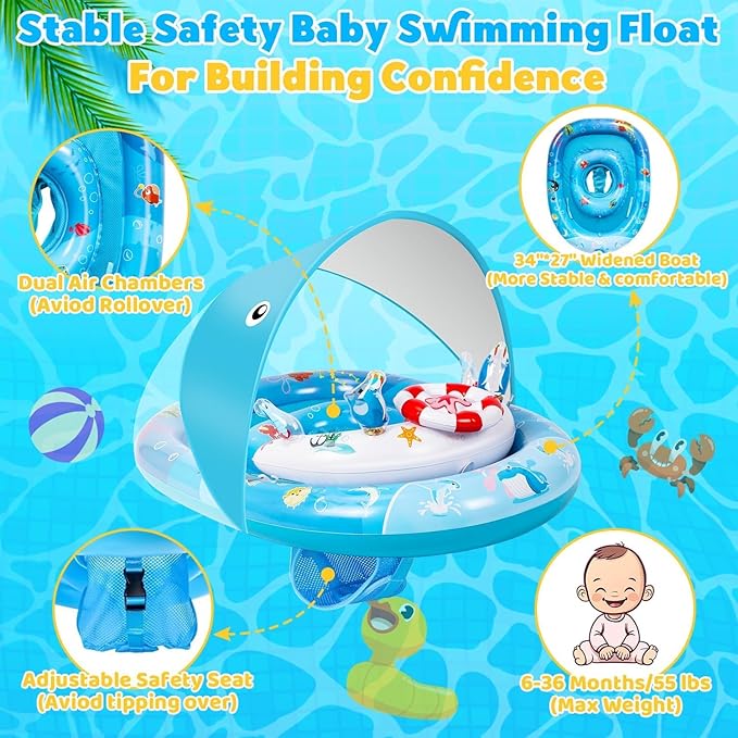 Baby Pool Float with Canopy, Baby Swim Float with UPF50+ Sun Protection Canopy and Toy Play Console, Inflatable Baby Float & Swimming Float with Adjustable Safety Seat for 6-36 Months