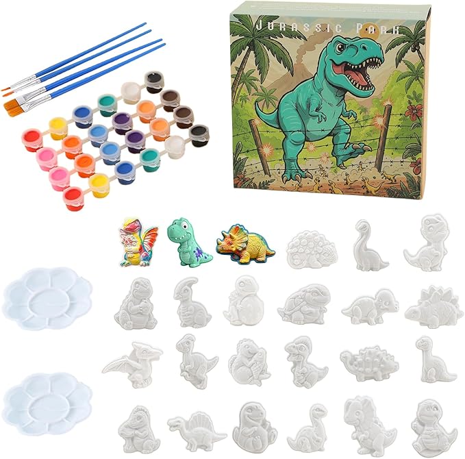 GloomGlo Dinosaur Theme Paint Your Own Plaster Figurines Kit - 24 Pcs Figures with Paints, Brushes & Palettes for Kids' Arts & Crafts Supplies