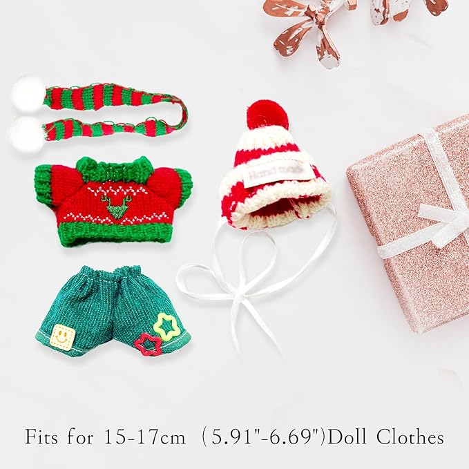 17cm Doll Clothes,Christmas Sweater Hat for Dolls Accessories,Winter Clothes for Dolls Outfit,Christmas Clothes Set (No Doll)(Red Sweater +Green)