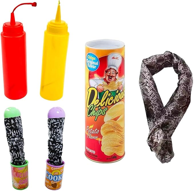 5pcs Snake in a Can + Ketchup Mustard Set + Potato Chip Fake Snake Prank Kit for Adults & Kids | Funny Jokes for April Fools & Parties