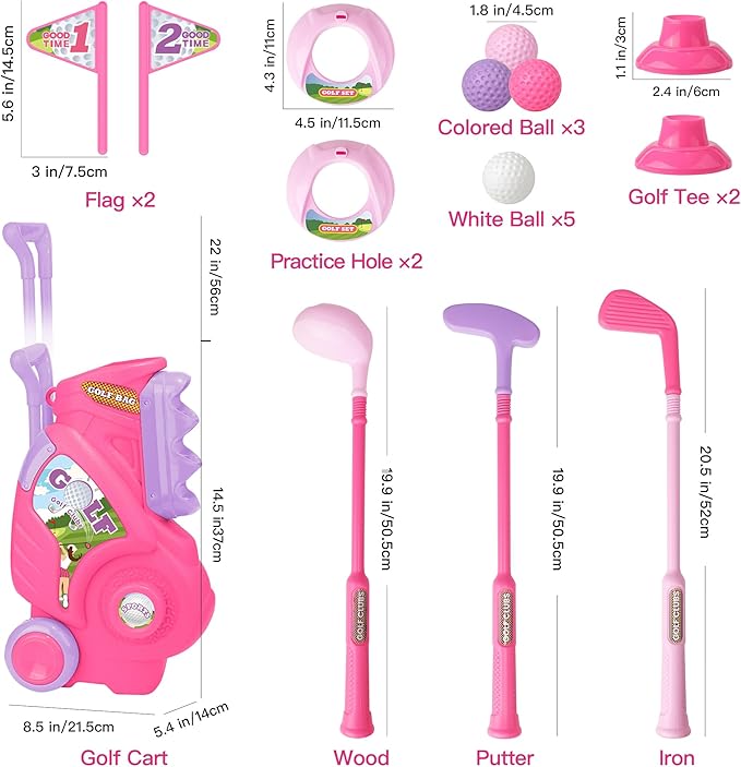 Toddler Golf Set for Girls Boys 1 2 3 4 Years Old, Upgraded Kids Golf Cart with 3 Clubs & 8 Balls, Outdoor Indoor Sports Toys Birthday Gift, Pink