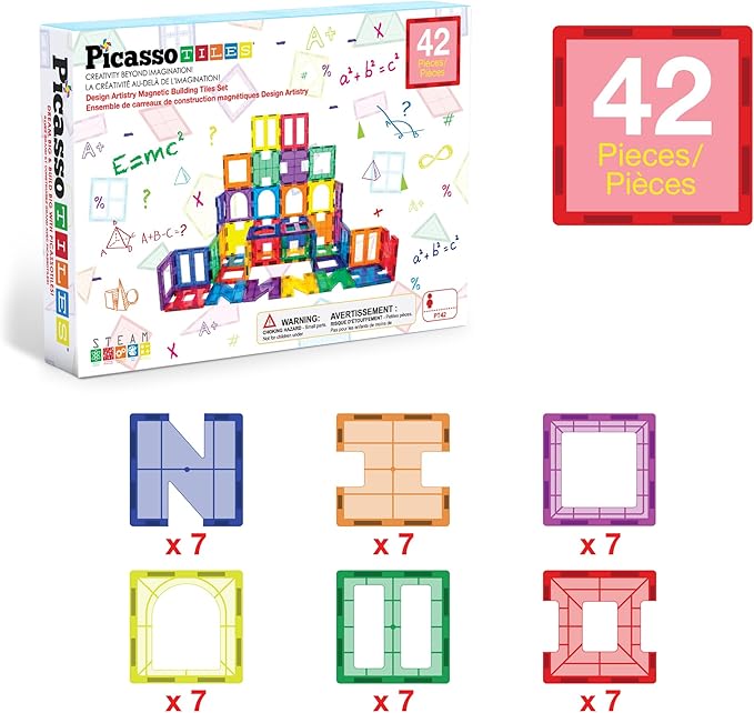 PicassoTiles 42pcs Magnetic Tiles Magnet Blocks See-Through Shape STEM Toys Building Block Educational Playset Compatible with Major Brand Tile -Starter Set for Boys and Girls Toddlers Ages 3+ PT42