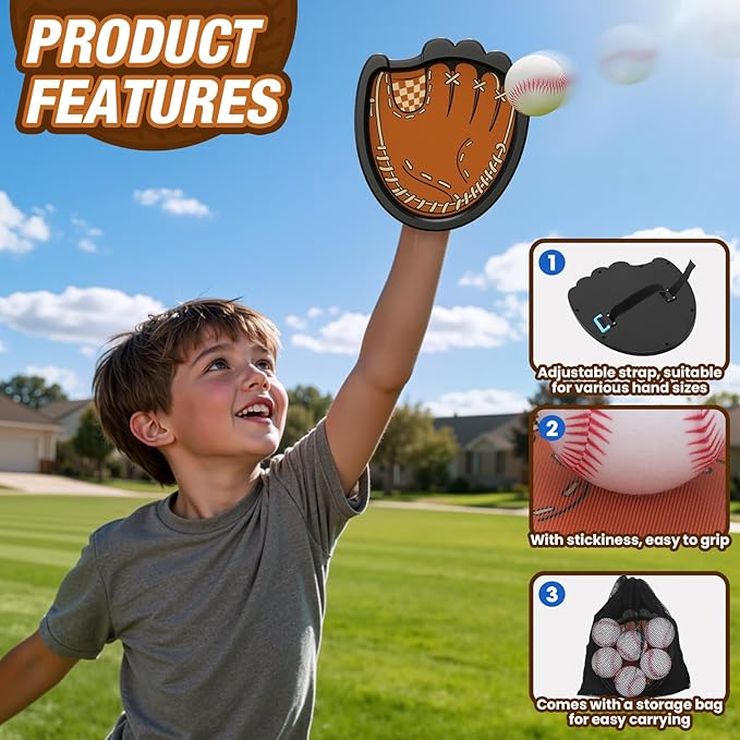 Toss and Catch Ball Game, Outdoor Toys for Kids, Beach Pool Yard Games for Teens & Family, Toddler Baseball Glove Birthday Gifts for 3 4 5 6 7 8+ Year Old Boys & Girls (4 Paddles & 6 Balls)