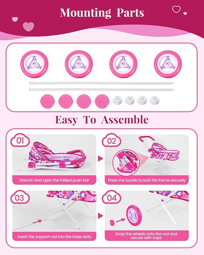 BABESIDE Baby Doll Stroller Set, 10-Piece Portable Doll Stroller with Baby Doll Accessories for Pretend Play, Feeding & Care Playset for Girls 3+, Fits 12-Inch Dolls (Doll Not Included)