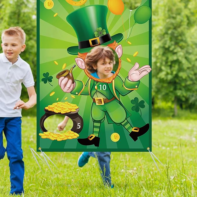 Skylety St. Patrick's Day Bean Bag Toss Game Party Favor Hanging Leprechaun Shamrock Toss Game Banner Photo Prop with 3 Bean Bags for St. Patrick's Day Party Supplies