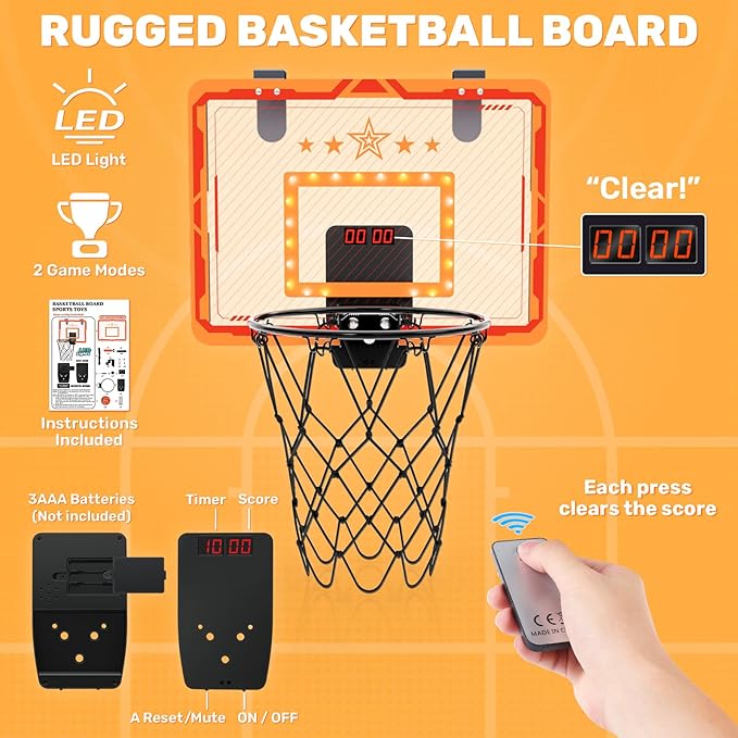 Indoor Basketball Hoop, for Boys 8-12, Led Light Mini Hoop with Electronic Scoreboard, Indoor Basketball Hoop for Kids, Boy Birthday Presents
