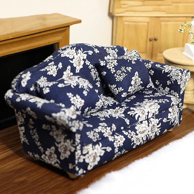 Dollhouse Couch Miniature Sofa with Pillows Dollhouse Living Room Funiture 1:12 Scale Model 3 Pcs High Simulation Upholstered Wooden Fabric Armchair Mini Room Artificial House Scene Decoration (Blue)