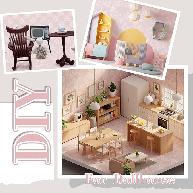 Flutesan 12 Pcs Miniature Dollhouse Wallpaper and Flooring Peel and Stick Mini DIY Self Adhesive Dollhouse Accessories 8.27 x 11.69 Inch (Vintage Pink)
