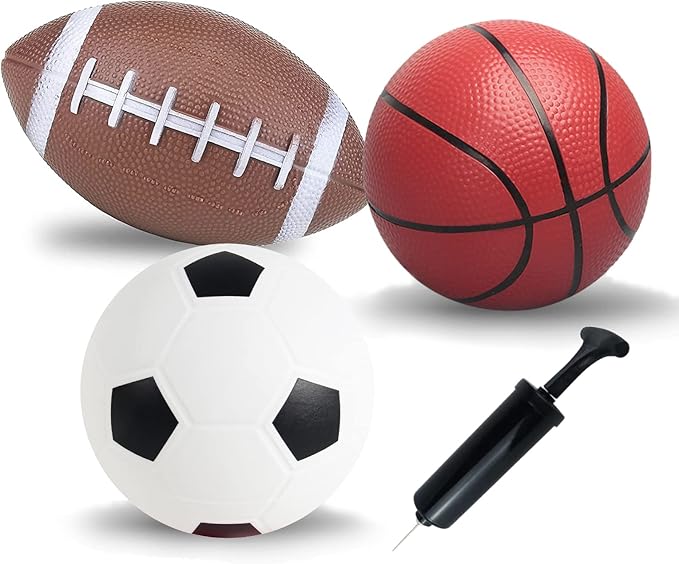 Soccer Basketball Football Small Sports Bouncy Balls with Hand Pump for Kids and Toddlers - (Pack of 3) 6-Inch Diameter Rubber Sport Ball Set for Fun Outdoors and Backyard Play