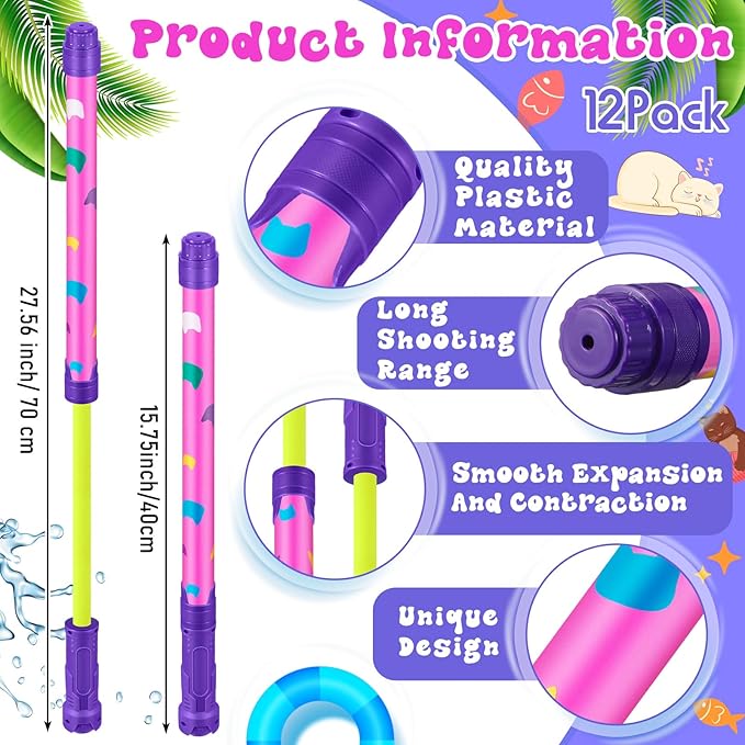 12 Pcs Cat Party Favors, 15'' Water Guns Bulk for Kids Water Squirt Blasters Guns, Summer Activity Swimming Pool Backyard Beach Outdoor Toys for Kids Adults, 39 ft Range Shooter