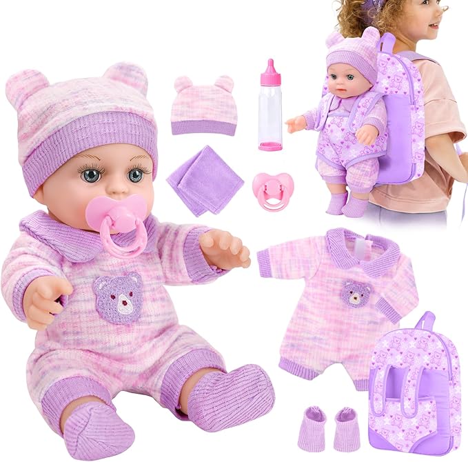 XFEYUE 12'' Baby Doll with Bear Pattern Backpack in Gift Box,Including Clothes Accessories, Backpack, Baby Bottle, Pacifier, Hat, Socks, and Handkerchief for 3+ Child Girls Gifts