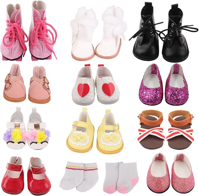 7 Pairs of 18 Inch Doll Shoes ( Random from 20) and 2 Pairs of Doll Socks Accessories Fit American Dolls